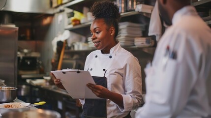 African american female manager holding clipboard and talking with chef. Working in a busy restaurant kitchen. 