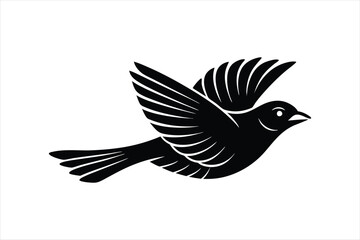 a minimalist beautiful linocut flying Grosbeak bird silhouette black vector artwork illustration