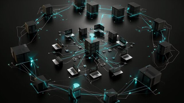 High-tech network of interconnected nodes, representing digital data exchange and advanced communication on a dark background.