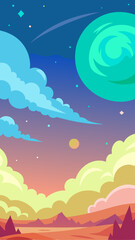 A beautiful cartoon landscape with a planet in the sky and clouds