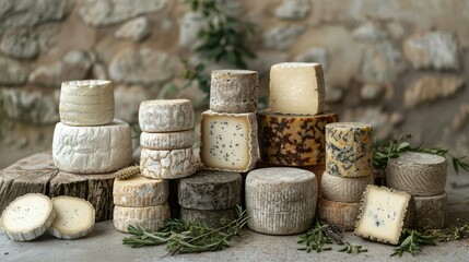 Artisanal cheese wheels with a variety of textures