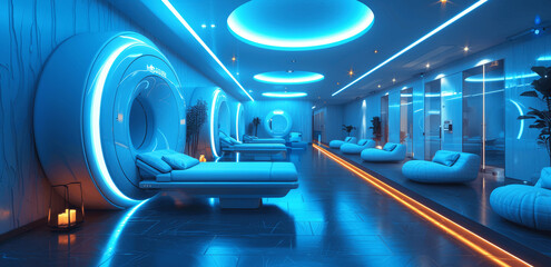 futuristic hospital room with advanced medical equipment and digital interface featuring MRI scanner holographic patient data blue theme