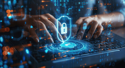 Business Woman Using Laptop with Digital Shield and Padlock for Cyber Security and Data Protection