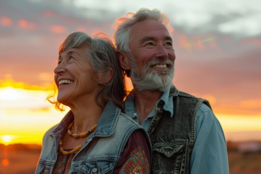 Portrait of a smiling multicultural couple in their 60s wearing a rugged jean vest isolated on vibrant sunset horizon