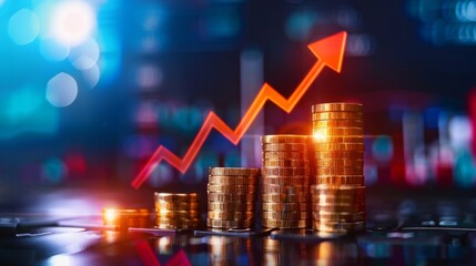 Rising gold coin stacks with a growing red arrow graph, representing financial growth and investment success in a stock market background.