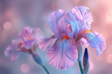 A close up of a purple flower with a blue center