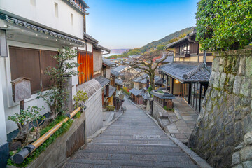 Sannenzaka, a stone-paved street and tourist attraction in Higashiyama-ku, Kyoto, Japan.
