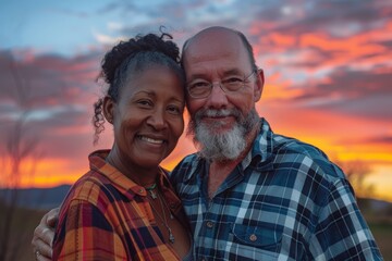 Fototapeta premium Portrait of a content mixed race couple in their 60s dressed in a relaxed flannel shirt in vibrant sunset horizon