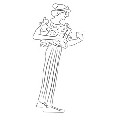 Standing Ancient Greek woman. Vase painting style. Black and white linear silhouette.