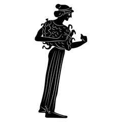 Standing Ancient Greek warrior goddess Athena or Minerva with helmet, spear and shield. Vase painting style. Black and white negative silhouette.