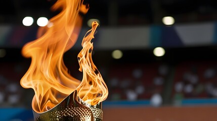 Close-Up of Flame Burns in Olympic Torch Against Blurred Sports Arena,Olympic tradition, flame photography, sports photography, event symbolism, sportsmanship