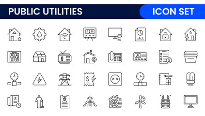 Public utilities linear signed icon collection. Signed thin line icons collection. Set of public utilities simple outline icons.