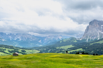 Naklejka premium Seiser Alm - Wanderparadies in den Südtiroler Dolomiten. Saftig grüne Wiesen mit urigen Hütten umringt vor schroffen Berggipfeln auf der größten Hochalm Europas.
