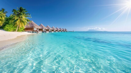 Naklejka premium Tropical island beach with overwater bungalows, luxury and exclusive.