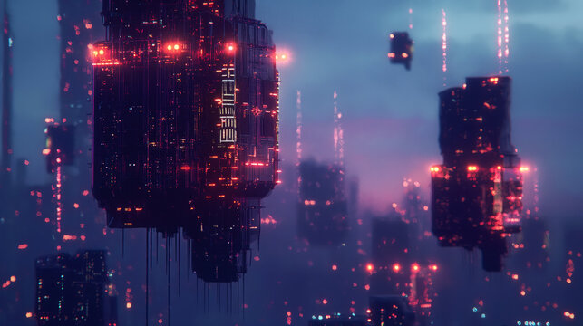 Futuristic cityscape with glowing red lights and floating structures in a misty atmosphere.