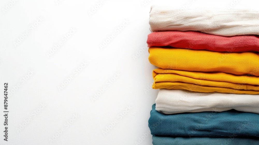Poster colorful stack of neatly folded clothing on white background top view with copy space
