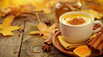 Hot turmeric golden milk latte with cinnamon and anise on rustic wooden table, autumn leaves in background