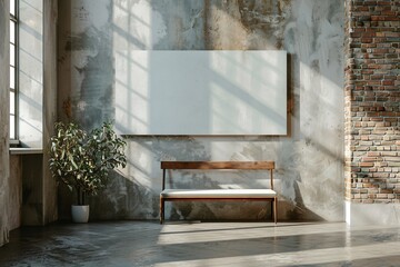 Minimalist Industrial Interior with Wooden Bench and Large Canvas