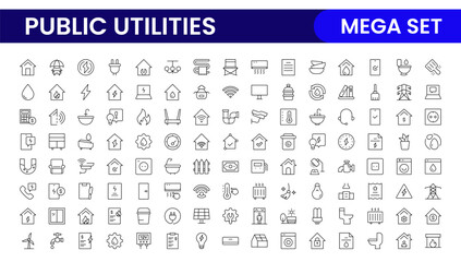Public utilities linear signed icon collection. Signed thin line icons collection. Set of public utilities simple outline icons.