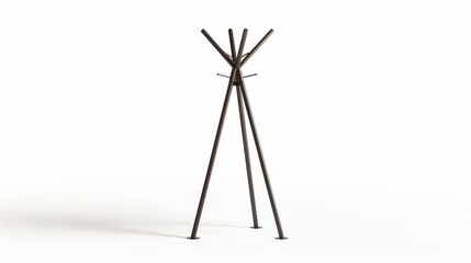 A minimalist coat stand with a sleek design and metal frame, isolated on a white background