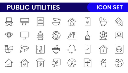 Public utilities linear signed icon collection. Signed thin line icons collection. Set of public utilities simple outline icons.