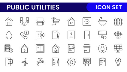 Public utilities linear signed icon collection. Signed thin line icons collection. Set of public utilities simple outline icons.