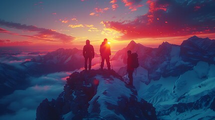 Fototapeta premium Summit Serenity: Adventurers at Sunset