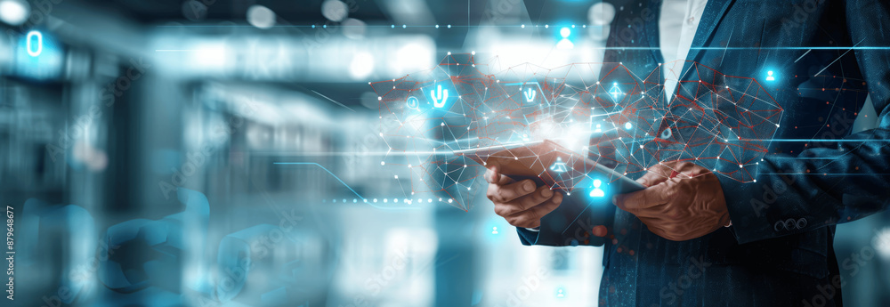 Poster businessman using ai technology tablet for business growth and innovation, virtual digital icons of 