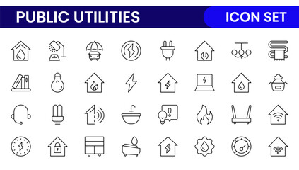 Public utilities linear signed icon collection. Signed thin line icons collection. Set of public utilities simple outline icons.