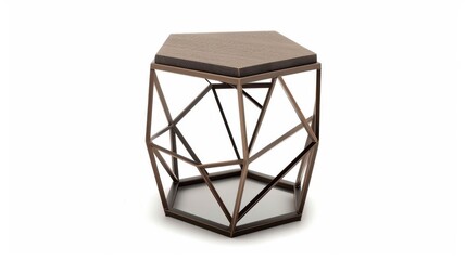 A geometric end table with a unique design and metal frame, isolated on a white background