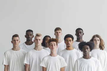 Obraz premium diverse models posing in white t shirts on gray background template mockup, fashion and style, casual clothes