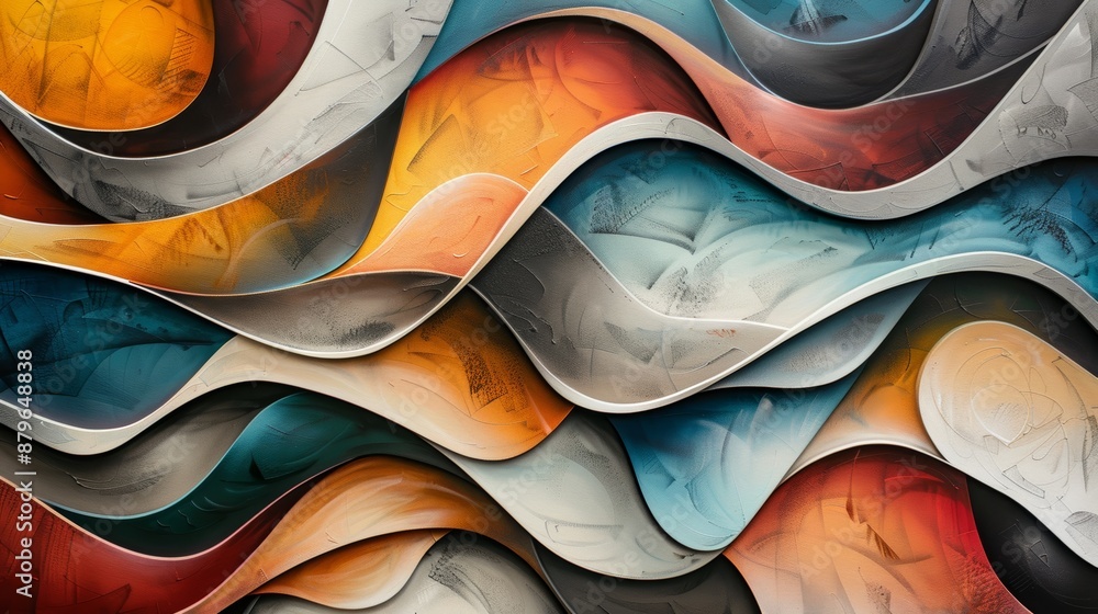 Poster abstract colorful wave pattern with vivid hues of orange, teal, and gray, creating a dynamic and vis