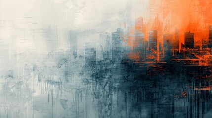 Abstract urban skyline with faded colors, blending blue and orange tones, creating a moody, artistic, and modern cityscape illustration.