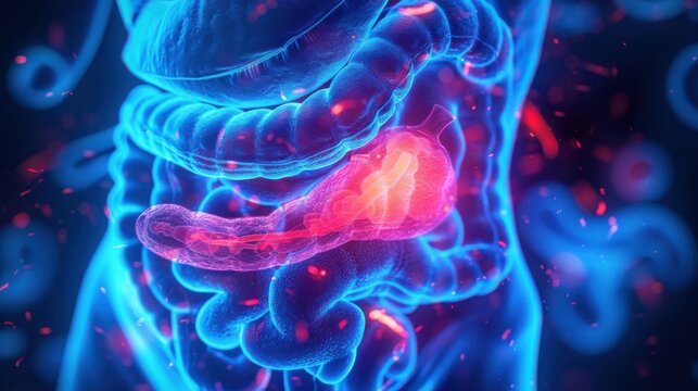 A scientific, neon-hued artwork of the digestive system highlighting the pancreas and intestines.