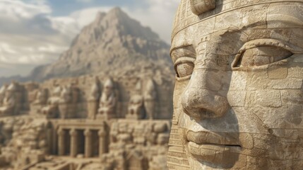 Obraz premium Ancient Egyptian statues with mountain backdrop, showcasing the grandeur of historical architecture and cultural heritage.