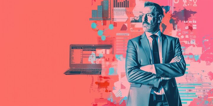 Confident businessman standing with arms crossed in front of a pink background with a map of the world made of puzzle pieces. - Powered by Adobe