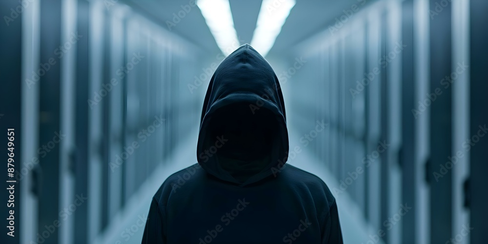 Poster cybersecurity concept image hacker in hoodie in data center. concept cybersecurity, hacker, hoodie, 