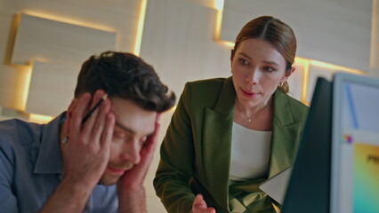 Fototapeta premium Businesswoman dissatisfied subordinate work at corporate office close up. 