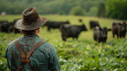 The image depicts a farmer wearing a hat and denim overalls, standing in a lush green field, attentively overseeing a herd of black cattle grazing, encapsulating rural life.