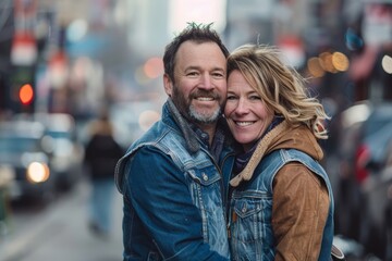 Obraz premium Portrait of a blissful couple in their 40s wearing a rugged jean vest isolated on busy urban street
