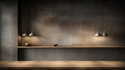 Modern minimalist interior with wooden shelf, hanging lights, and decorative bowls against a textured wall.