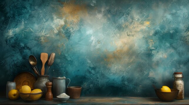 Rustic kitchen counter with cooking utensils, lemons, and spices against a textured wall background, creating a cozy culinary scene.