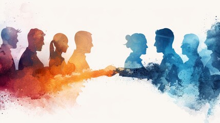 Silhouettes of people shaking hands, symbolizing collaboration and connection. Watercolor effect adds a vibrant and artistic touch.