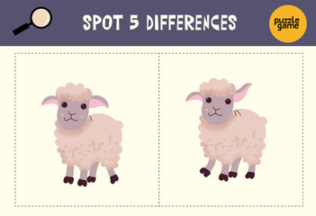Find spot 5 differences. Educational matching game for children. Cartoon vector illustration.