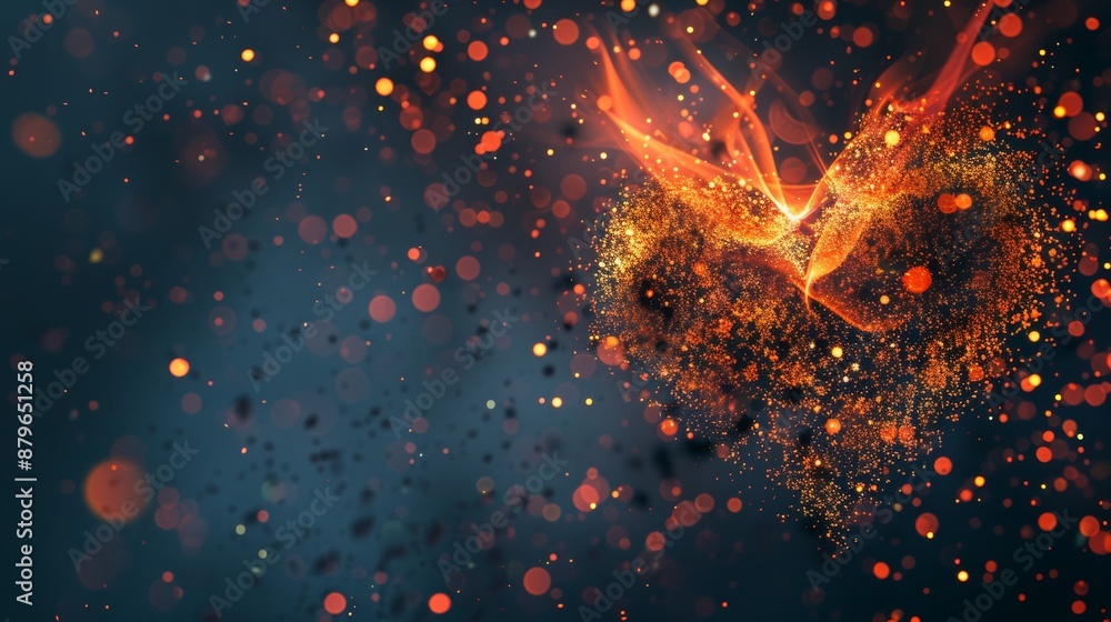 Poster vibrant heart formed by shimmering particles with glow effect, copy space