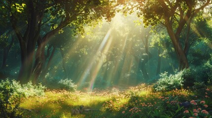 Vibrant forest scenery with sunlight streaming down