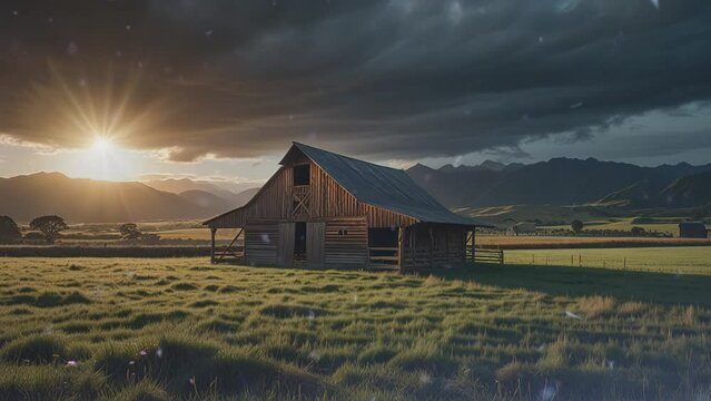 There is a barn in a grassy field. There are mountains in the distance. The sun is shining brightly.