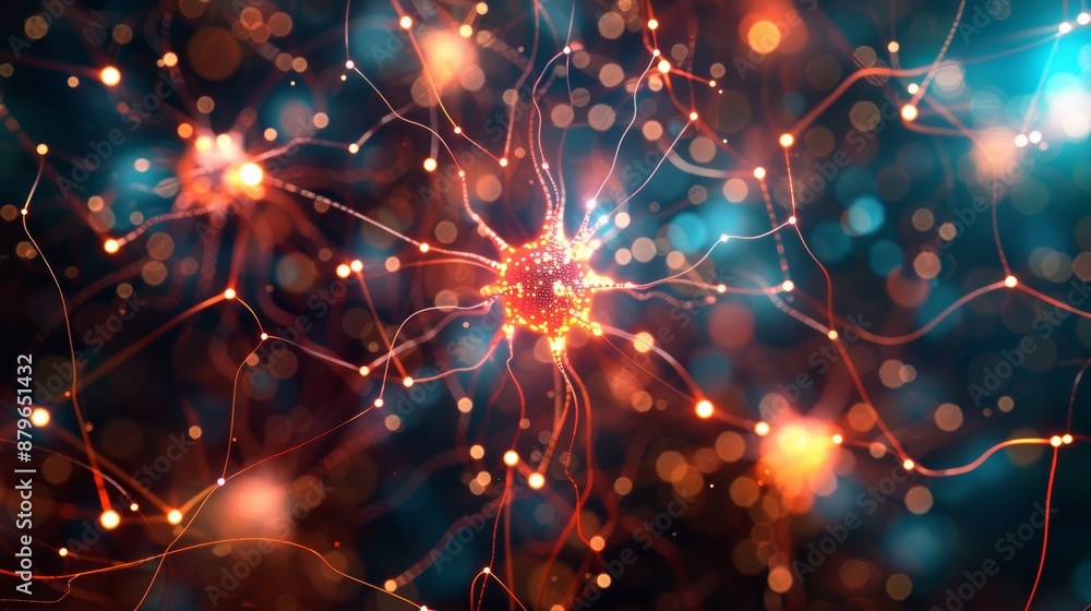 Poster Vibrant 3D rendering of neural network connections with bright glowing effects