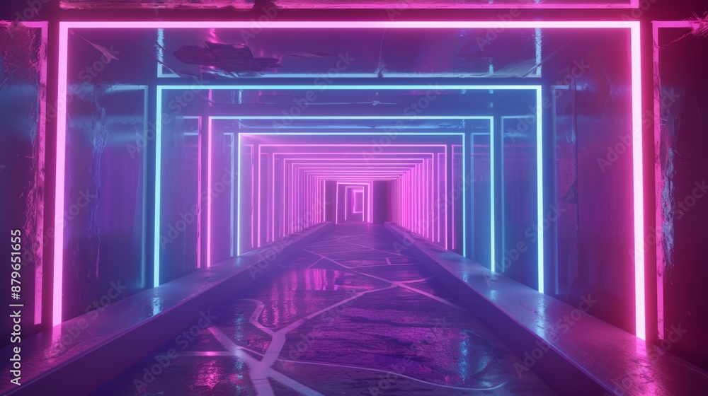 Poster vibrant 3d animation of a neon tunnel with rotating square frames, abstract background