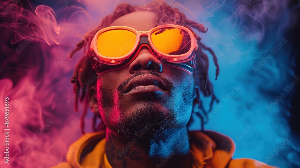 Poster an individual in a vibrant backdrop with colorful, swirling smoke. the scene is dynamic and moody, s